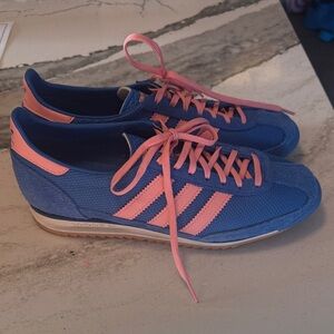 adidas Blue Sneakers with Pink Stripes and Laces